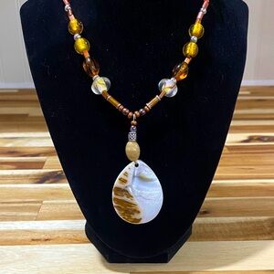 Amber and Gold Beaded Necklace with Shell Pendant